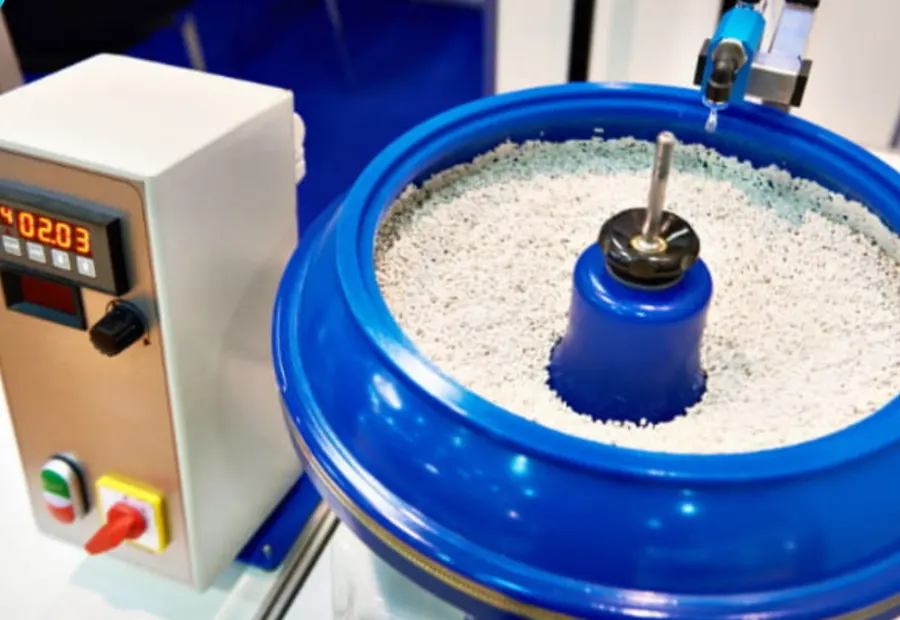 Vibratory tumbling machine with ceramic media, giving parts a stone-wash finish