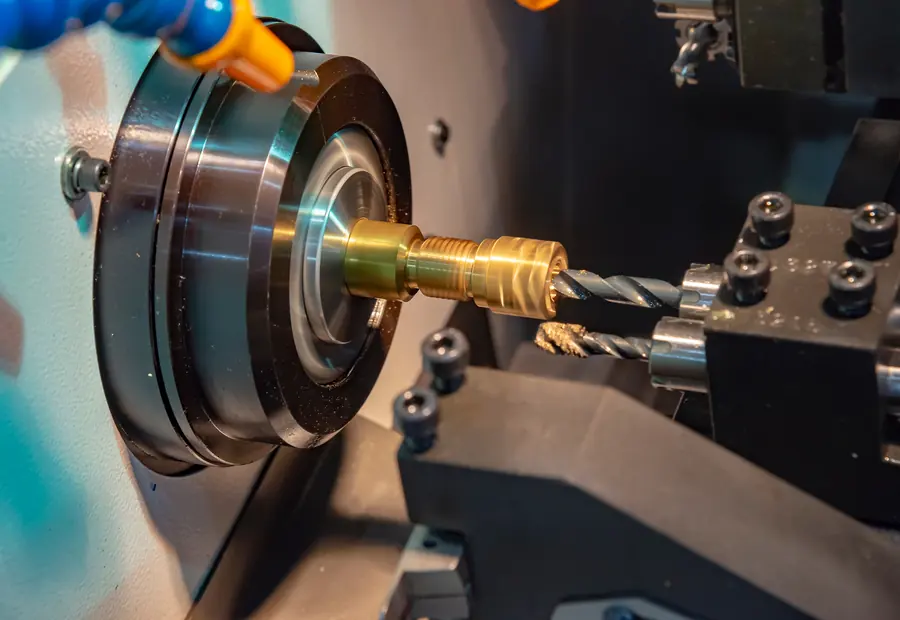 Brass part held in a CNC lathe chuck while a drill enters from the turret