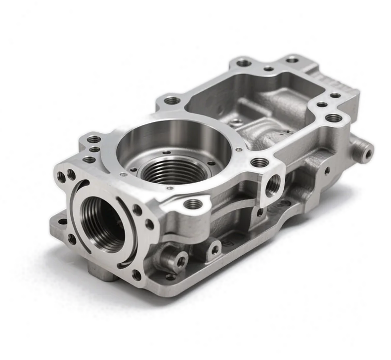 Machined aluminium gearbox housing with threaded ports and bolt holes